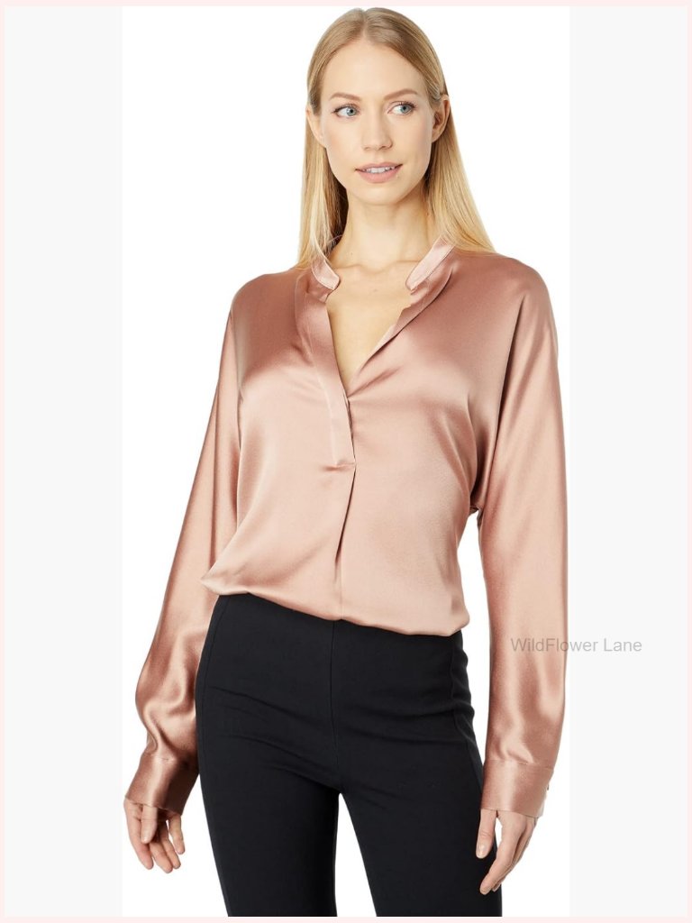 Band Collar Blouse Long Sleeve Button Cuffs Silk Blend